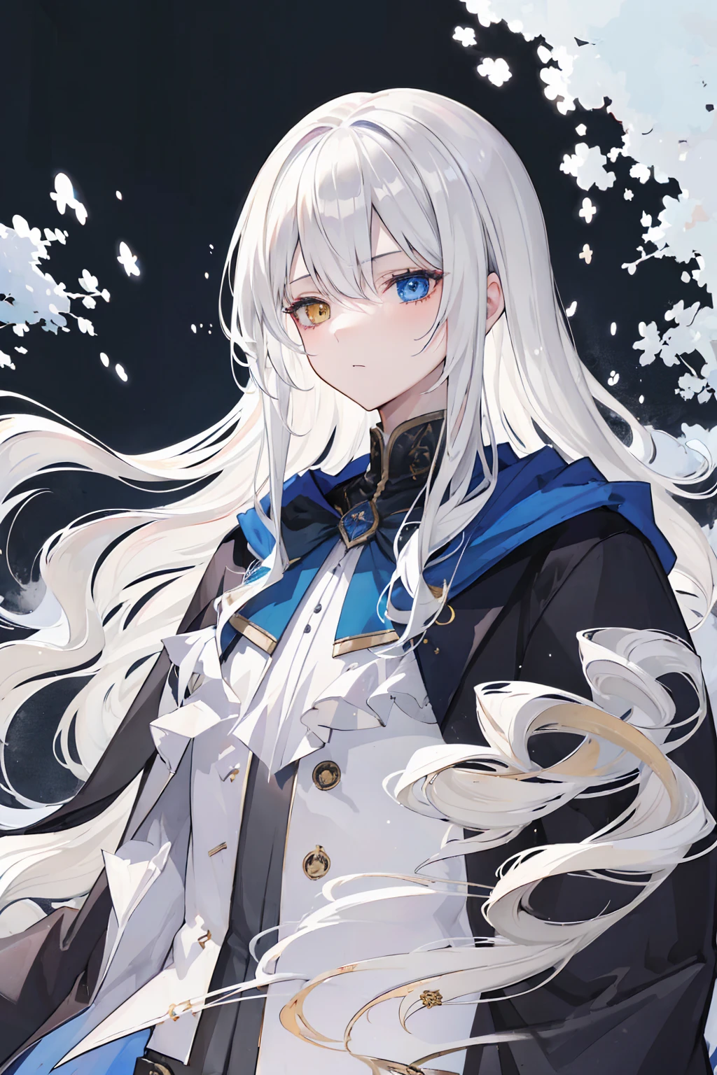 (masterpiece, highest quality:1.2), highest quality, masterpiece, high resolution, Anime style, portraiture, male, man, long hair, Silver hair, platinum blond hair, uniform for men, oversized coat, disproportionate cloak, Feminine appearance, magic, magic square, magician, Heterochromia eyes, dark blue eye, gold eyes