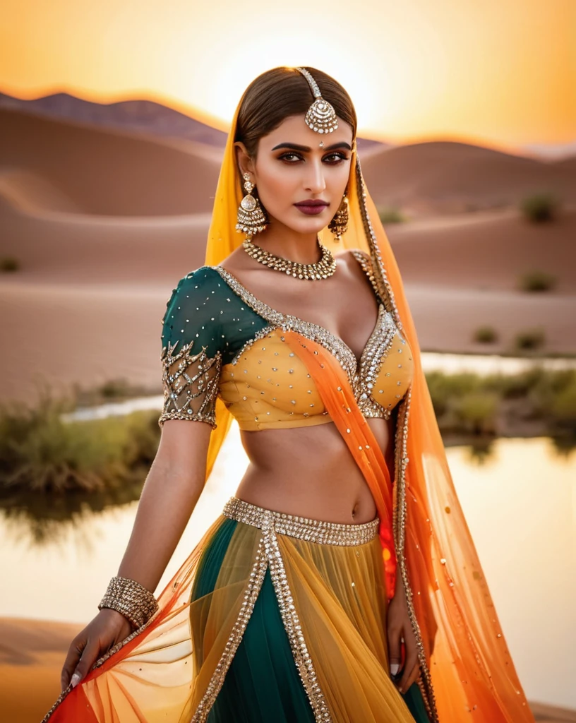 A mesmerizing American Instagram model, bright turkish girl, tall, wearing a glamorous lehenga choli intricately embellished with sequins and beads, her makeup exuding elegance with bold eyes and soft lips, posing against the backdrop of a majestic pond over the desert dunes, casting a golden hue over the landscape, highlighting her allure and sophistication, Photography, high-resolution DSLR with a telephoto lens, fair complexion, ultra realistic, beautiful face, deep cleavage:1.5, medium size beautiful breast, same dress, bright wihte skin, very deep cleavage,