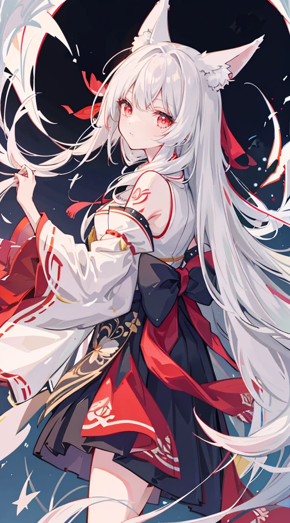 1woman, themoon, The bird, Star_\(Skysky\), long_hair, Starry_sky, ((white_hair))), critters, wide_sleeves, natta, florals, night_sky, embrace, very_long_hair, full_moon, looking_at_viewer, ribbon_trim, Ribbon trimmed_sleeves, long_sleeves, a skirt, red_eyes, solo, japanese_clothes, Skysky,((medium)), ((Tattooed with))), fox ear, fox tails, woman fox,