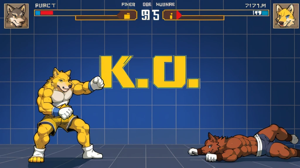 highres, absurdres(highly detailed beautiful face and eyes)perfect anatomy(kemono, furry anthro)(super handsome 2boys, pair, muscles ,abs)good lighting, cinematic shadow, detailed background, User Interface of Fighting game, dots game, pixel art, dungeon, Crisis, assorted poses, assorted expression, full body, sound effects, motion blur, from side, ((brown wolf, reddish-brown fur, red shorts, white gloves,knocked out on the floor)), (((yellow wolf, gray shorts, white gloves, fighting pose))) “VS”
