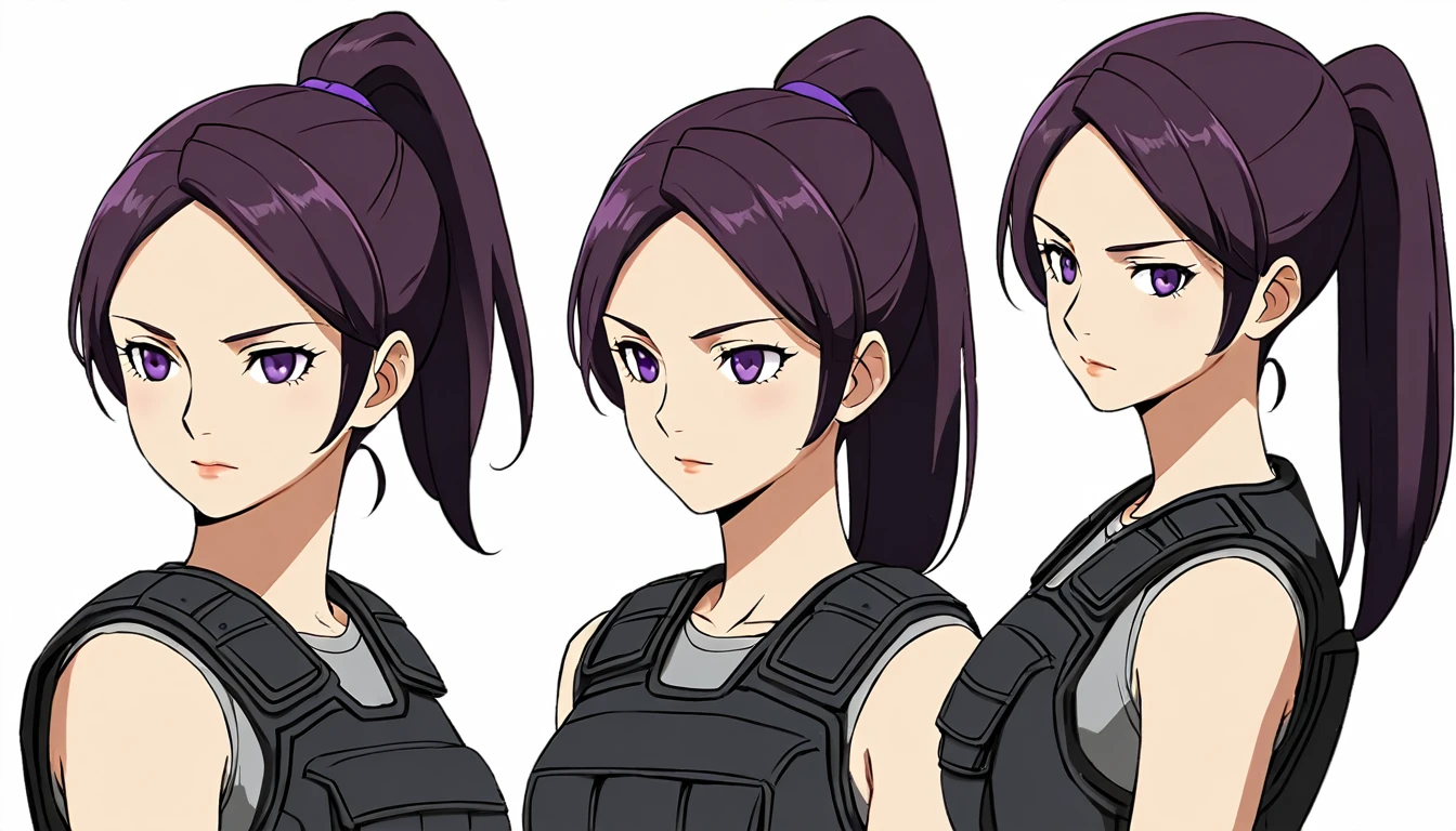 multiple views,reference sheet, model sheet, One Mature female,human, Dark hair with purple strands, Ponytail, purple eyes,black outfit,wearing gray bulletproof vest, neutral expression,Looking in Front,Head Shot,Front facing view,Back view,Side view,Top view,beautiful, masterpiece, best quality, perfect lighting,8k,simple white background.