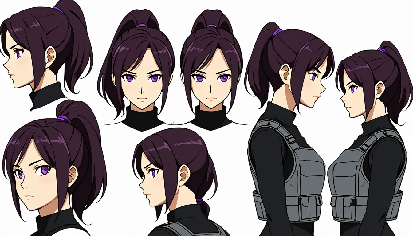 multiple views,reference sheet, model sheet, One Mature female,human, Dark hair with purple strands, Ponytail, purple eyes,black outfit,wearing gray bulletproof vest, neutral expression,Looking in Front,Head Shot,Front facing view,Back view,Side view,Top view,beautiful, masterpiece, best quality, perfect lighting,8k,simple white background.