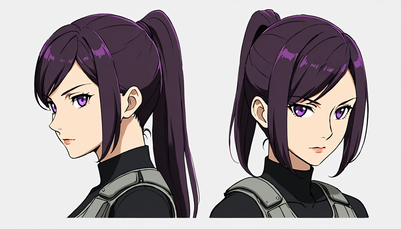 multiple views,reference sheet, model sheet, One Mature female,human, Dark hair with purple strands, Ponytail, purple eyes,black outfit,wearing gray bulletproof vest, neutral expression,Looking in Front,Head Shot,Front facing view,Back view,Side view,Top view,beautiful, masterpiece, best quality, perfect lighting,8k,simple white background.