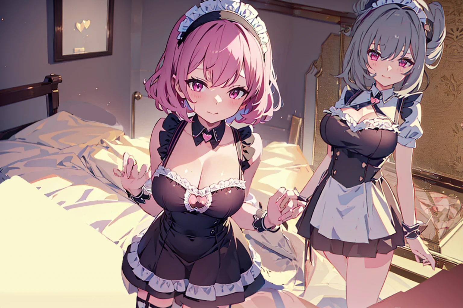 ((masterpiece)), ((best quality:1.2)), ((highly detailed)), (original), ((delicate background)), ((extremely detailed 8K wallpaper)), sweet, depth of field, fantasy,
BREAK
((1girl)), solo, cute girl, anime waifu girl, 20 years old, shiny skin,
BREAK
maid, ((classic maid dress)), ((wearing edgcatlingerie)), cat cutout, cleavage cutout, lots of frills, ((huge breasts)),
BREAK
curly hair, faint pink hair, short hair,
BREAK
((heart-shaped eyes)), pink eyes, tongue out, blush, sweating,
BREAK
full body shot, ((on the bed)), looking at the viewer,