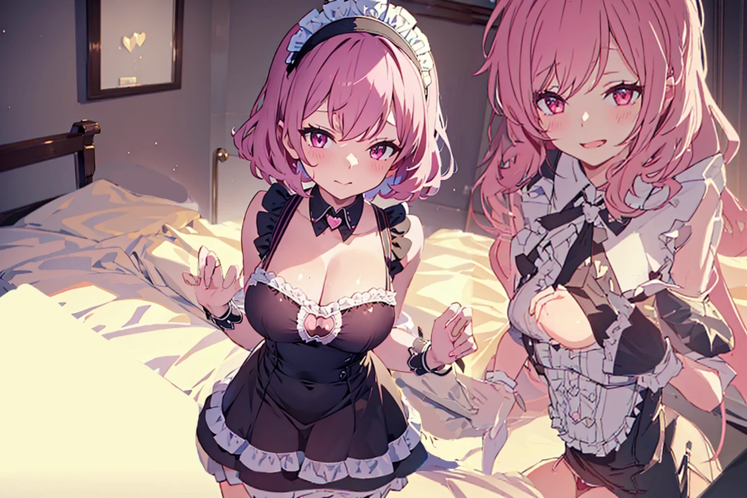 ((masterpiece)), ((best quality:1.2)), ((highly detailed)), (original), ((delicate background)), ((extremely detailed 8K wallpaper)), sweet, depth of field, fantasy,
BREAK
((1girl)), solo, cute girl, anime waifu girl, 20 years old, shiny skin,
BREAK
maid, ((classic maid dress)), ((wearing edgcatlingerie)), cat cutout, cleavage cutout, lots of frills, ((huge breasts)),
BREAK
curly hair, faint pink hair, short hair,
BREAK
((heart-shaped eyes)), pink eyes, tongue out, blush, sweating,
BREAK
full body shot, ((on the bed)), looking at the viewer,