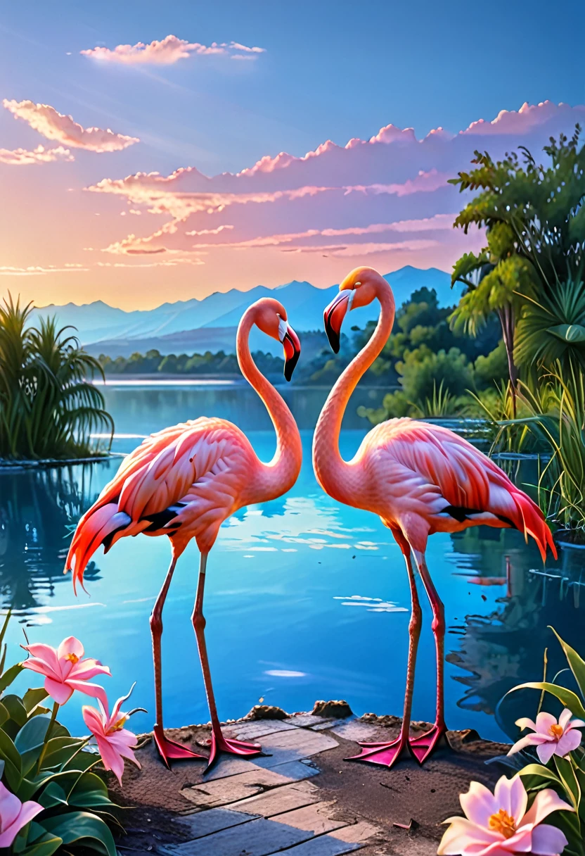 Masterpiece, high resolution, very detailed, a pair of pink flamingos in the rays of the morning sunset on a blue lake,