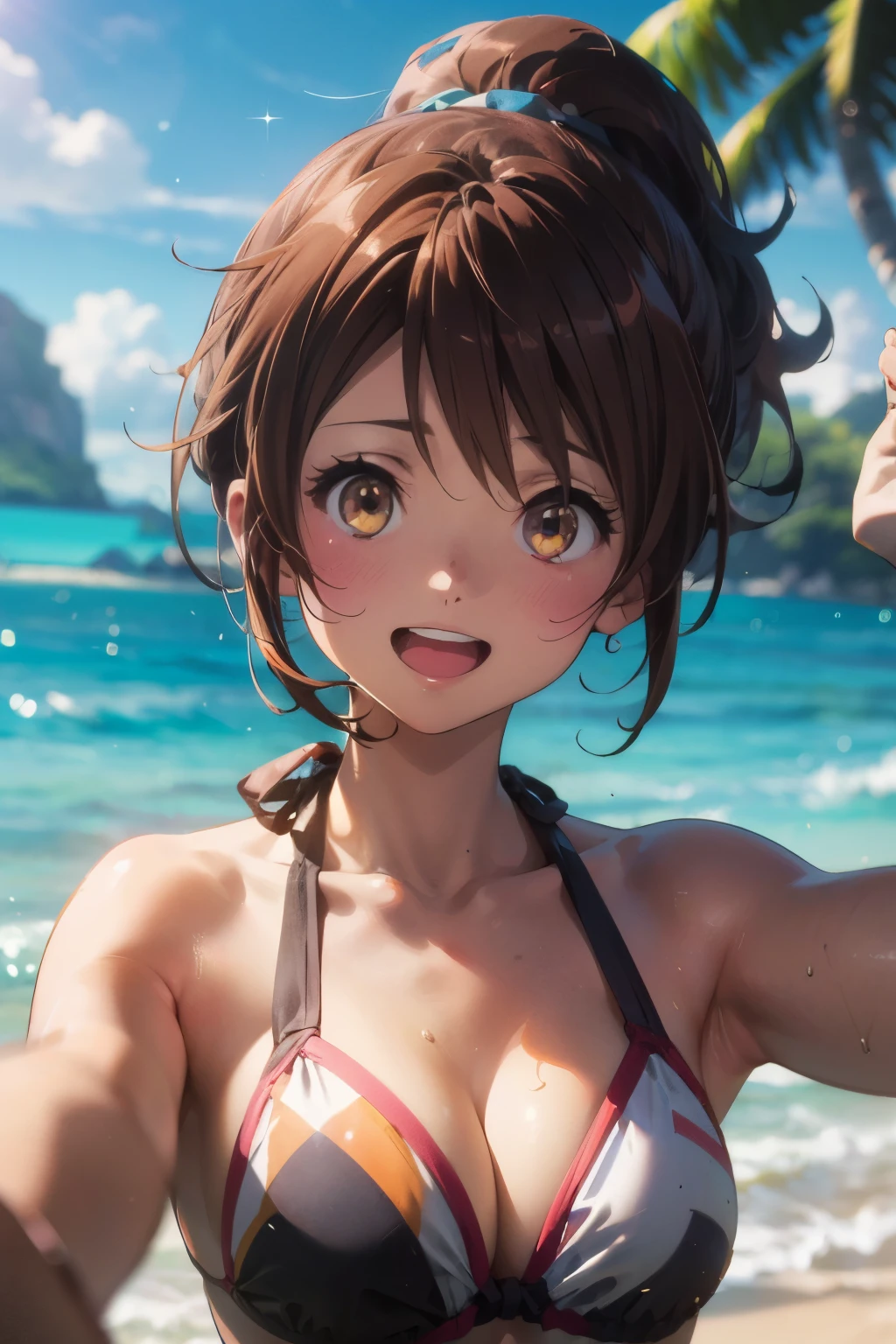 (Best image quality, 8K, high quality, High detail,masterpiece:1.2)、kumiko oumae,Oumae Kumiko,Eye Light、Face Light、Sparkling Eyes、solo、1 girl、Look at the viewer、sketch、Flat Color、2d、anime、animeカラーリング、(Beach:1.3)、Kumiko Oumae、Mid-chest、Cleavage、(Swimwear:1.3)、Laugh with your mouth open、A big smile、ponytail、Random pose、(Blur the background:1.3)、Cover your subject all over