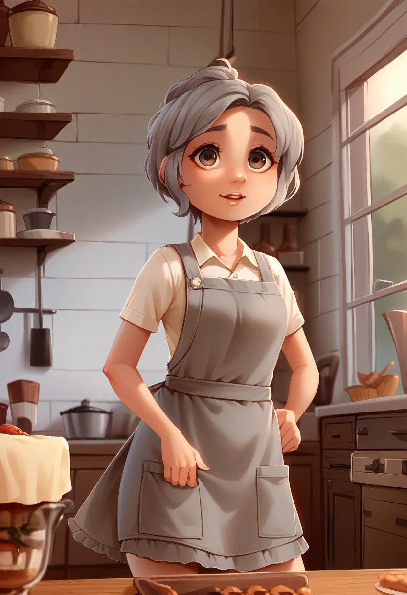 ((("Woman, woman with short gray hair, eyes, singing in apron, making sweets in the kitchen. De frente para seu ecpectador .