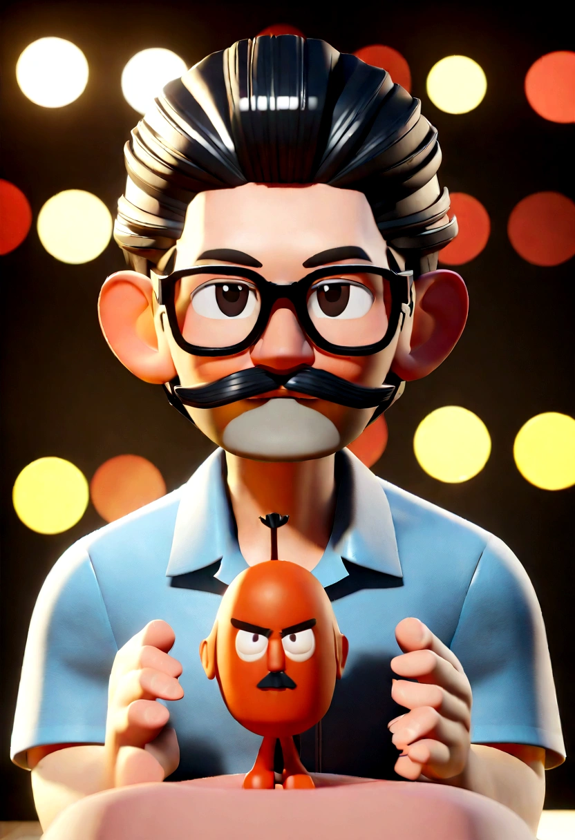 Cartoon character of a 30-year-old photographer man wearing black glasses and a formal shirt, with beard and mustache, Black hair and dark brown eyes, an animated character, stylized character, animation style rendering, 3d stylized, Arnold Maya rendering, Stylized 3D rendering, toon render screenshot, 3d character, 3d character, Stylized 3D rendering, 3D character rendering, cartoon character, Personagem de close up, character posing, (Pixar-style) (master part:1.2) (bokeh) (best qualityer) (skin detailed) (detailed texture) (8K) (Argilla) (cinematic lighting) (sharp focus，Sit down and lift your upper body, athletic lean body.