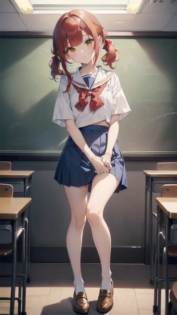 ((top quality, ultra-detailed, high resolution, extremely detailed CG, unity 8k wallpaper, by famous artist, perfect anatomy, super detailed skin, cinematic lighting, UHD, retina, anatomically correct, 1080P)), (Please draw a single one happy girl walking in a classroom school :1.3), ((1girl)), (Solo, face,13-year-old:2.0), a junior high school student, ((cute petit girl, chibi, babyface)) androgynous charm, (Medium hair, ((full red hair)) ((redhead)), pigtails, straight bangs, with a bow in her hair, ((very thin legs)), ((skinny legs, thin body, small build)), Full limbs, complete fingers, ((perfect fingers and hands)), flat chest, small breasts, childish body, small butt, groin, Beautiful detailed full yellow gold eyes, perfect eyes, sailor , ((blue skirt)) and white blouse, ((red bow on the blouse)), blue sailor collar, short sleeves, ((white long stockings)), (Detailed Lighting), ((classroom background)), (Detailed scenary background), ((in the school zone)), full body view, ((standing)), legs. Cute, kawaii single girl (one girl), full body shot. ((Background is the school)), front body, ((left hand up, right hand down)), ((little young 13 years old body:1.3))