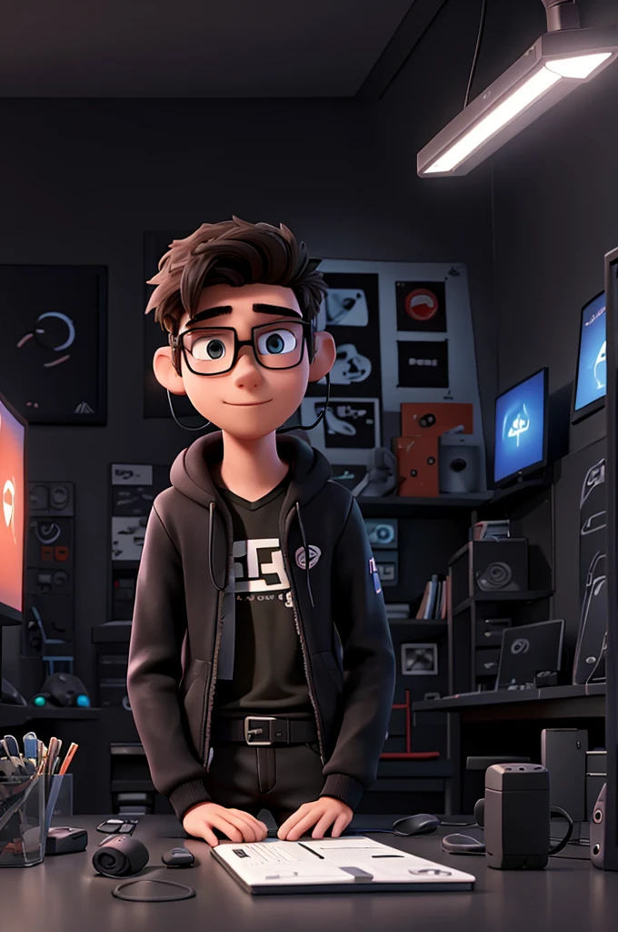 Creates an 18-year-old young man wearing glasses and gaming headphones in an all-black room with gaming LEDs and him playing on his PC and recording for YouTube/ アニメ