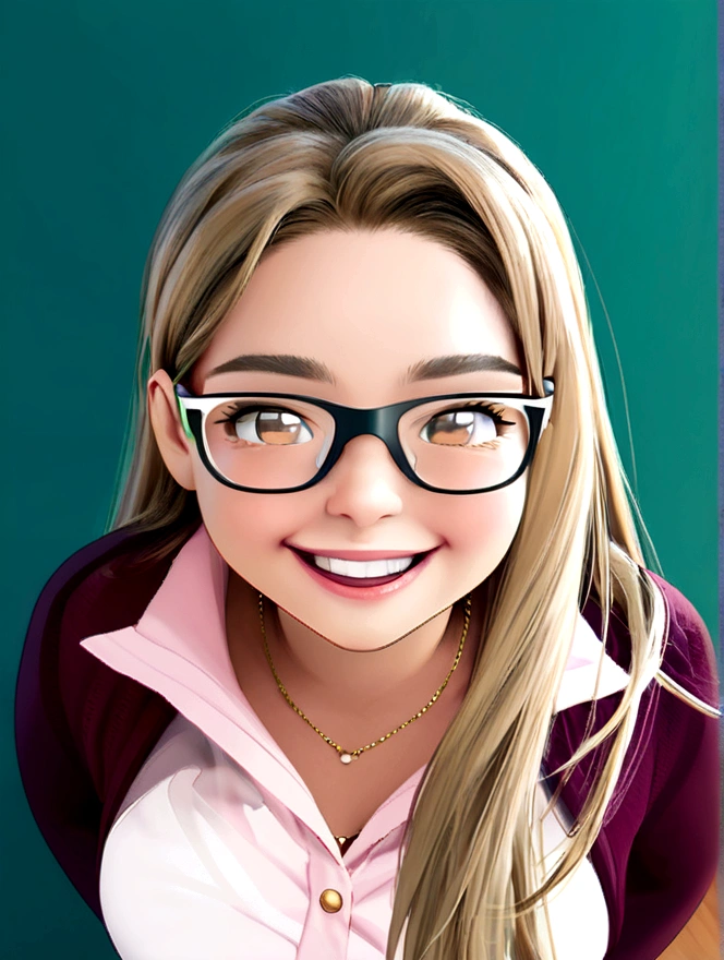 Pixar style image with 3D character white prescription glasses woman long straight hair dark brown eyes with arms open as if about to give a hug, Disney makeup, cute, smiling, pixar, Disney, cinema lighting,