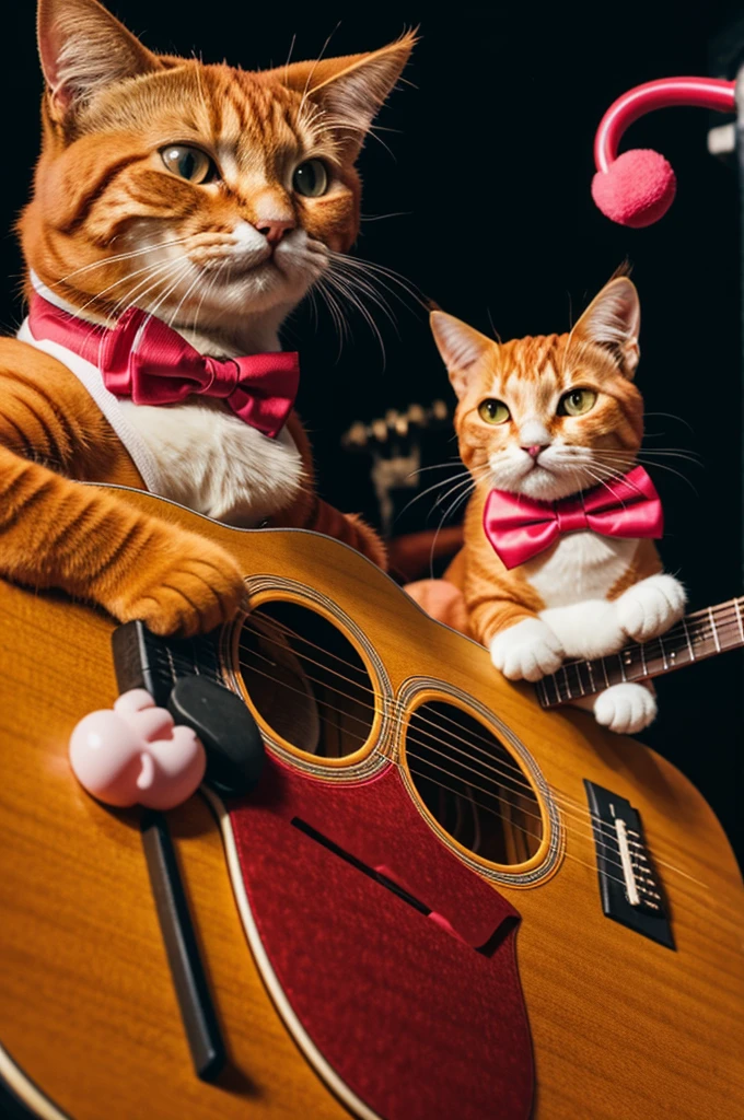 A red cat with a yellow bow tie and a pink mouse with a guitar 