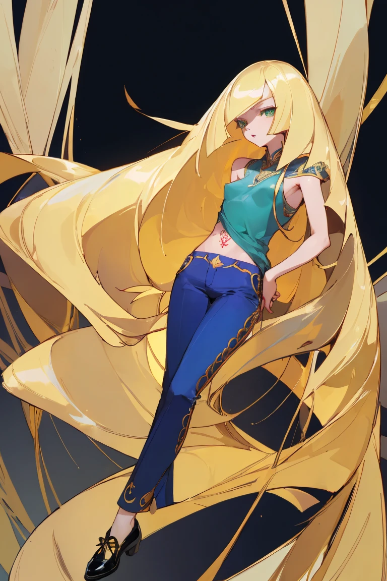 ((Highest quality)), ((masterpiece)), (Familiar), Lusamine,Tattoo,thin,Long blonde hair,Small breasts,Small breasts,Erect nipples,Adult female,Green Eyes,Slanted Eyes,Blue Shirt,No sleeve,Gold embroidery,Black shoes,Fascinating,Red pants