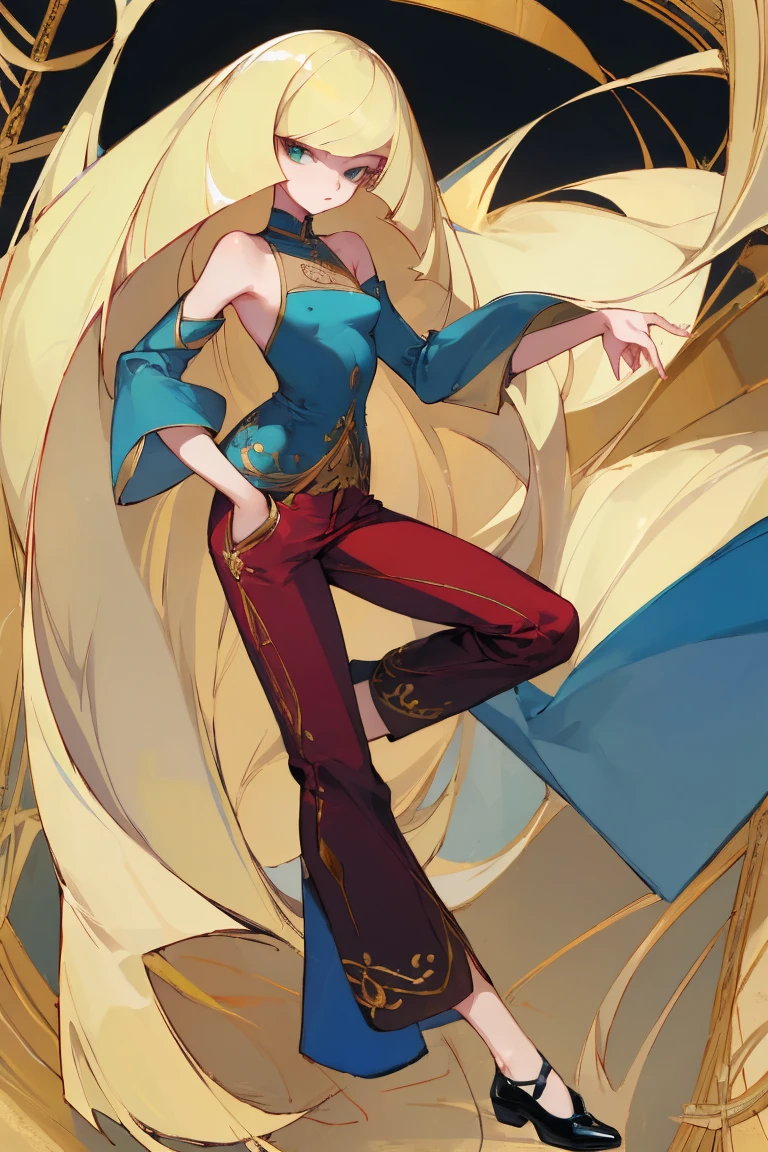((Highest quality)), ((masterpiece)), (Familiar), Lusamine,Tattoo,thin,Long blonde hair,Small breasts,Small breasts,Erect nipples,Adult female,Green Eyes,Slanted Eyes,Blue Shirt,No sleeve,Gold embroidery,Black shoes,Fascinating,Red pants