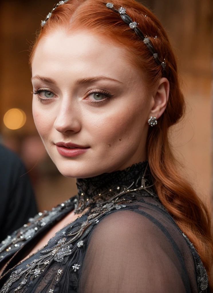 Face of Sophie Turner, Sansa Stark played by Sophie Turner, the de facto Lady of the Eyrie, is a 50-year-old mature queen with a stunning, alluring appearance. Bulky figure, cougar lady, cougar dominant queen, tyrant and pervert queen, Full Face, Full figured woman, pierced eyes, reddish lips, upper body shot, erotic Mediaeval costumes, game of thrones costumes, She wears a Game of Thrones-inspired costume and has a deep cleavage, a perfect thick body, and a perfect thick figure. The photograph captures her in a close-up, with her skin texture and facial features being ultra-realistic and realistic. Juicy thick figure, high quality skin, Skin pores, amazing details, snow, snow flakes, semi realistic, extremely detailed eyes, dark moody orange and black settings, cool environment, artificial intelligence