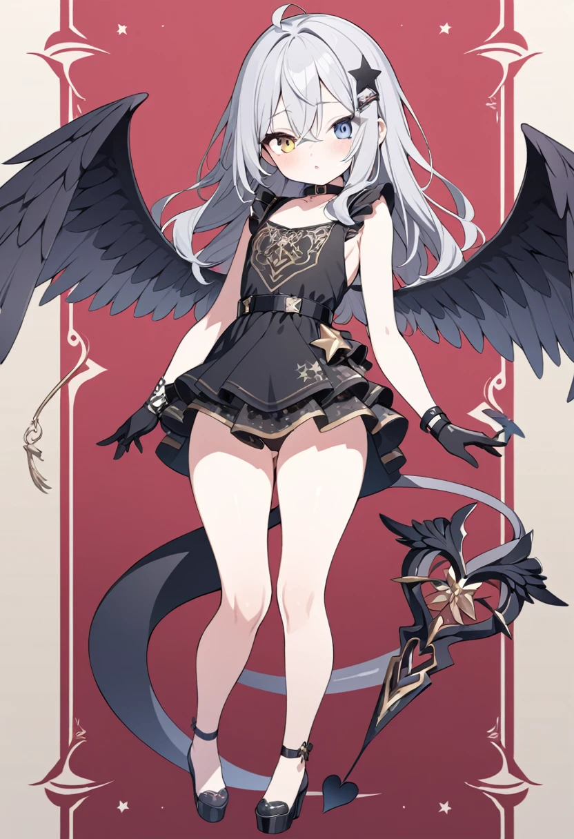 1 girl, long gray hair, slim build, hip length hair, small face, sectoral heterochromia, crescent-shaped barrette on the right side of the hair, He has short bangs between his eyes. , extremely detailed face, Beautiful detailed eyes, beautiful detailed lips. short height 165cm, adorable, extremely detailed legs, (Best Quality, 4k, 8k, high resolution, Masterpiece: 1.2), ultra detailed, Exquisite and epic character art., Amazing modern character trending theme., character design (Character Reference Sheet: 1.10, lateral angles, Full body front and rear angle), Black high stockings with gold star print., Black platform heels, One-piece dress with low waist and ruffles, black 2-finger gloves up to the forearm, dark gray hip-length belt, black collar on the neck. Short dark blue and black angel wings., Succubus tail that ends in a heart shape at the tip. Wide hips.