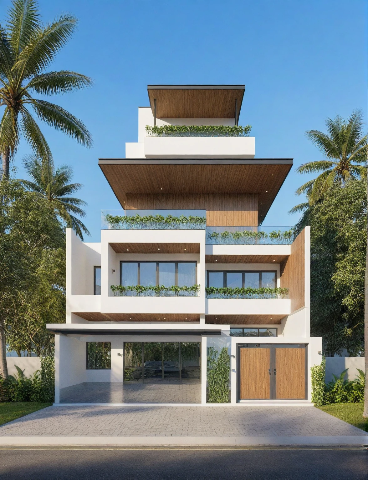 exterior house, contemporary style, white wall, wood wall, steel door, glass window, (realistic:1.2), Masterpiece, high quality, best quality, authentic, super detail, outdoors,road, trees, sky, cloud, (daylight:1.1), modern luxury villa, coconut trees, landscape, along the white beach, clear sky, day time, warm lighting RAW Photo, RAW texture, Super Realistic, 32K UHD, DSLR, soft lighting, high quality, film rating, Fujifilm XT3,Modern, Residential Architecture, car in front of house