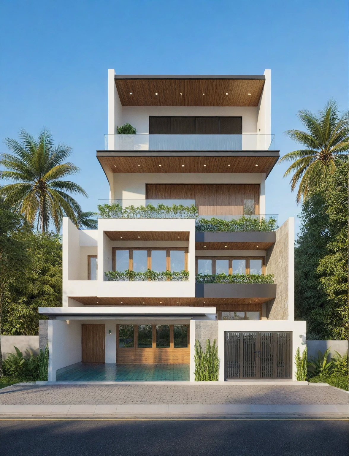 exterior house, contemporary style, white wall, wood wall, steel door, glass window, (realistic:1.2), Masterpiece, high quality, best quality, authentic, super detail, outdoors,road, trees, sky, cloud, (daylight:1.1), modern luxury villa, coconut trees, landscape, along the white beach, clear sky, day time, warm lighting RAW Photo, RAW texture, Super Realistic, 32K UHD, DSLR, soft lighting, high quality, film rating, Fujifilm XT3,Modern, Residential Architecture, car in front of house