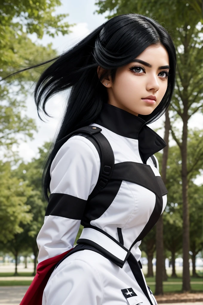 Shot of hero academy woman with half white and half black hair, and eyes, one black and one white with white eyelashes and white eyebrows, uniform white skin tone of hero academia background of a park and looking at the camera half body