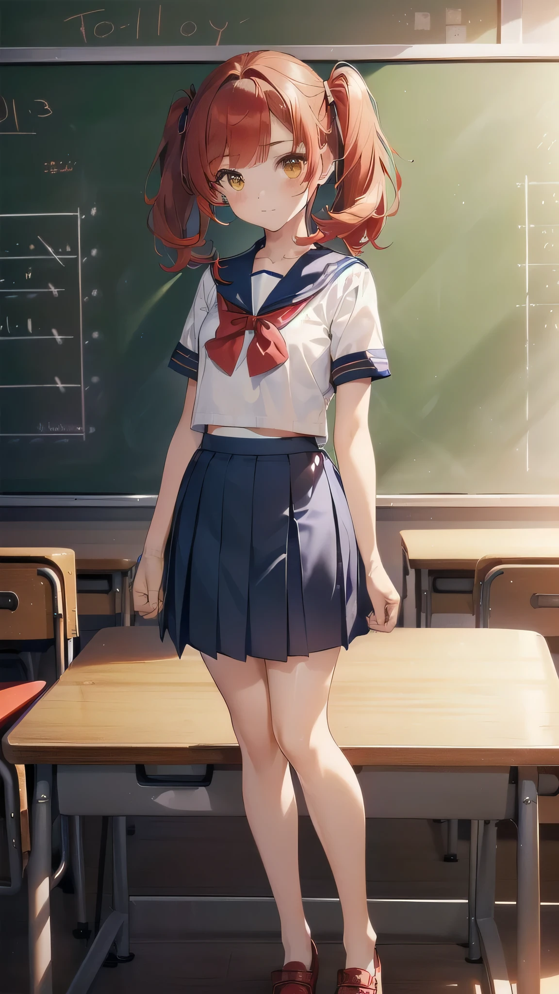 ((top quality, ultra-detailed, high resolution, extremely detailed CG, unity 8k wallpaper, by famous artist, perfect anatomy, super detailed skin, cinematic lighting, UHD, retina, anatomically correct, 1080P)), (Please draw a single one happy girl walking in a classroom school :1.3), ((1girl)), (Solo, face,13-year-old:2.0), a junior high school student, ((cute petit girl, chibi, babyface)) androgynous charm, (Medium hair, ((full red hair)) ((redhead)), pigtails, straight bangs, with a bow in her hair, ((very thin legs)), ((skinny legs, thin body, small build)), Full limbs, complete fingers, ((perfect fingers and hands)), flat chest, small breasts, childish body, small butt, groin, Beautiful detailed full yellow gold eyes, perfect eyes, sailor , ((blue skirt)) and white blouse, ((red bow on the blouse)), blue sailor collar, short sleeves, without stockings, (Detailed Lighting), ((classroom background)), (Detailed scenary background), ((in the school zone)), full body view, ((standing)), legs. Cute, kawaii single girl (one girl), full body shot. ((Background is the school)), front body, ((left hand up, right hand down)), ((little young body:1.3))