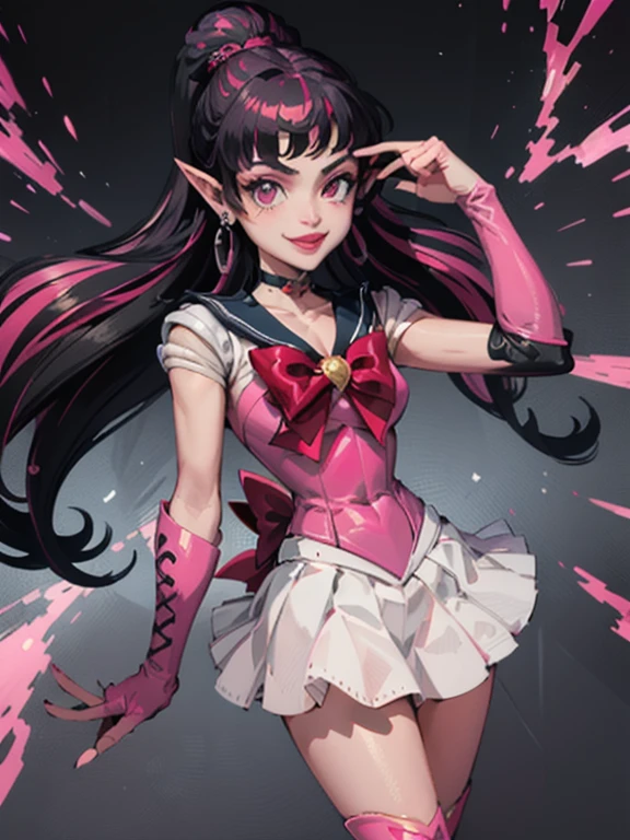 ((masterpiece,best quality)),
Draculaura_MH, pink top, black hair, pink hair, multicolored hair, pointy ears, white skirt, pink knee boots, sailor moon style,Sailor Moon Outfit,
solo, smiling, looking at viewer, cowboy shot,, r1ge, blue aura, electricity