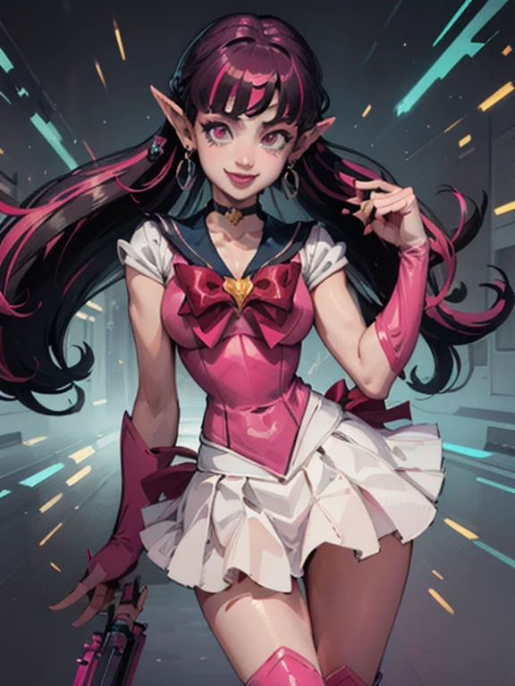 ((masterpiece,best quality)), 
Draculaura_MH, pink top, black hair, pink hair, multicolored hair, pointy ears, white skirt, pink knee boots, sailor moon style,Sailor Moon Outfit,
solo, smiling, looking at viewer, cowboy shot,, r1ge, blue aura, electricity