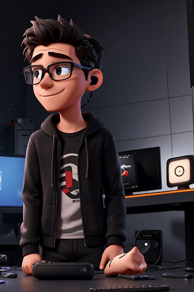 Creates an 18-year-old young man wearing glasses and gaming headphones in an all-black room with gaming LEDs and him playing on the PC and recording for YouTube with a mask/ アニメ