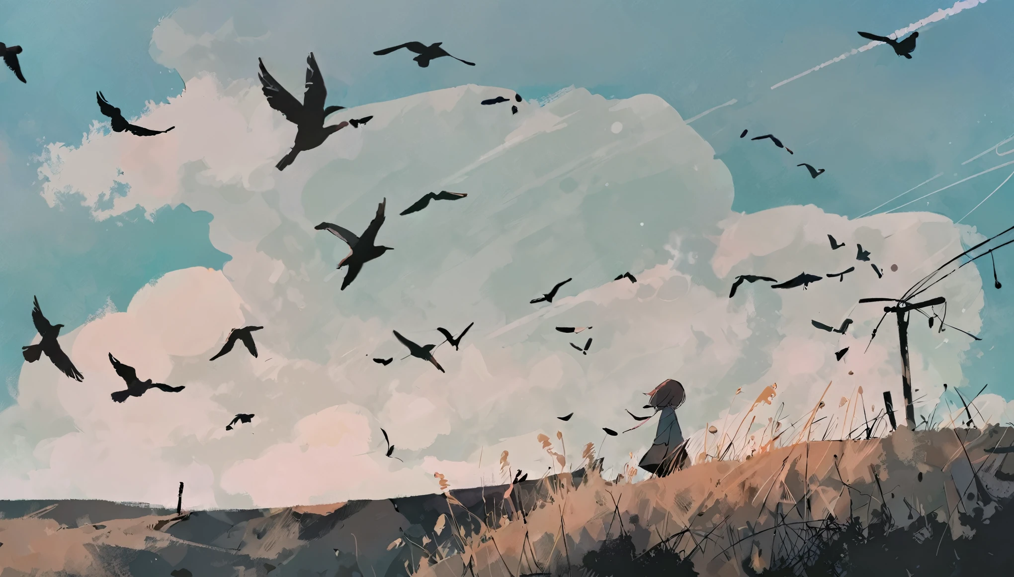 flat color, a girl, standing on the a hill, wind, day, amazing quality, very beautiful color, by iamuu, aesthetic, birds, beautiful scenery