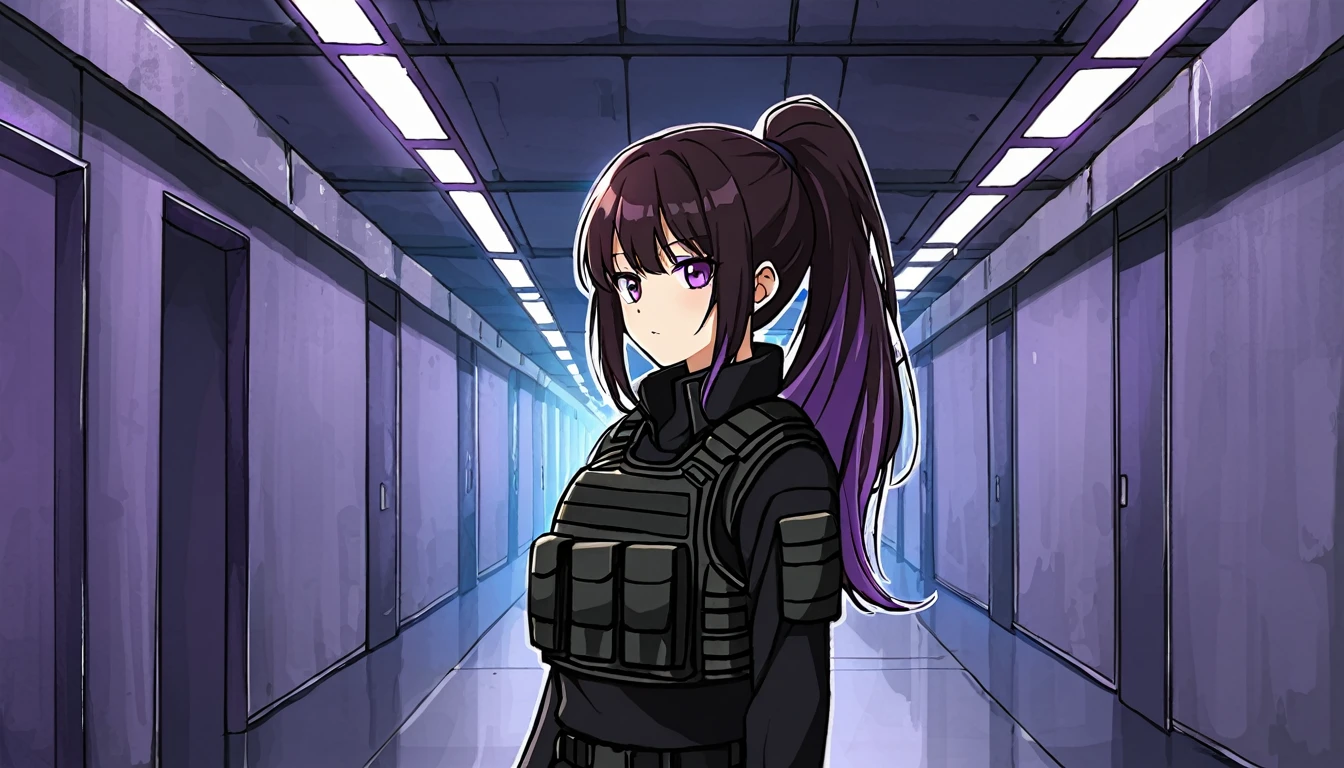 One girl, Dark hair with purple strands, Ponytail, purple eyes, black outfit,wearing bulletproof vest,background,brut architecture, corridor.