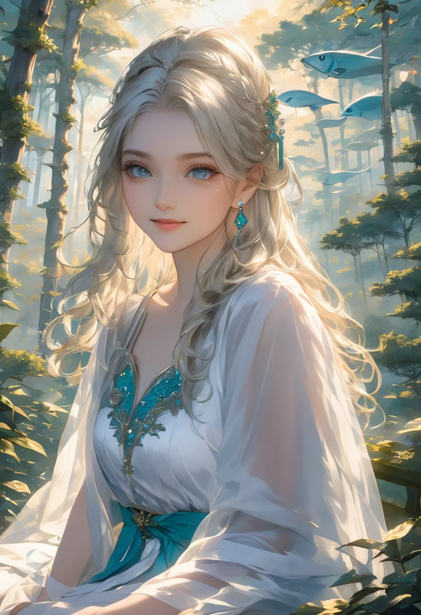 masterpiece, Great painting, figure,8K, Super detailed, high quality, A woman with a goddess-like smile,euphilia, One Girl,長いブロンドの髪とDarkturquoise eyesをしたWhite Dressを着たアニメの女の子 ブルゴーニュ, Platinum Earrings, Platinum Necklace, White Dress, One girl, cute, (Dynamic Light: 1.2), Cinematic Light, Delicate facial features, Fine grain, Sharp pupils、in the forest、temple、Sitting、Shyly