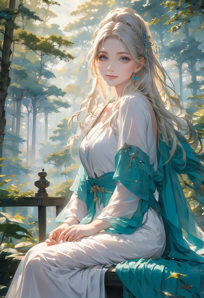 masterpiece, Great painting, figure,8K, Super detailed, high quality, A woman with a goddess-like smile,euphilia, One Girl,長いブロンドの髪とDarkturquoise eyesをしたWhite Dressを着たアニメの女の子 ブルゴーニュ, Platinum Earrings, Platinum Necklace, White Dress, One girl, cute, (Dynamic Light: 1.2), Cinematic Light, Delicate facial features, Fine grain, Sharp pupils、in the forest、temple、Sitting、Shyly