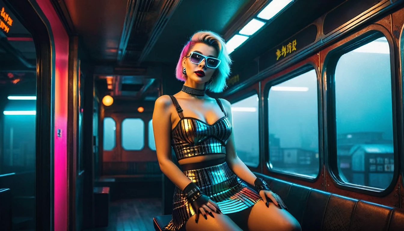 (Best quality, Ultra detailed, Golden ratio, Masterpiece:1.2), Theatrical lighting:0.7, Photo of a retro futuristic woman, Retrofuturism dressed with emo mini skirt. Her vibrant makeup tell of a itimate (vibe of Cyberpunk 2077), Perfect rare face, (Highly detailed skin), randomly dyed hair, Hide your mouth with your hands、Wet, skin texture, Pale skin, shiny skin, (thin, large size:1.2), [:(Sharp focus on rare face, perfect eyes:1.2):0.2], photorealistic, film grain, Put one foot forward、from below looking up、look at camera、Emphasize the shoulders, Focus on face、Stockings、Cyberpunk glasses、Smile with corners of mouth raised、disdainful expression,muted colors,photographed at night, instagram, backlit, outer space, retro, retro tech, atari, commodore, space invaders,cyberpunk Retrofuturism panties, small panty, 80's perm, fog, foggy, misty, (80's house), muted warm colors, Photo cinematic portrait of a woman dressed in a striped dress sitting by the window in the neon night lights, cinematic, (tilted:1.3) (on an suburb Retrofuturistic train) look cautious, standing under a spotlight, volumetric dust clouds, key light, backlight, soft natural neon lighting, photography Film grain ISO 800 30 mm lens RAW f2.8 aperture, highly detailed (analog photography:1), colors hdr