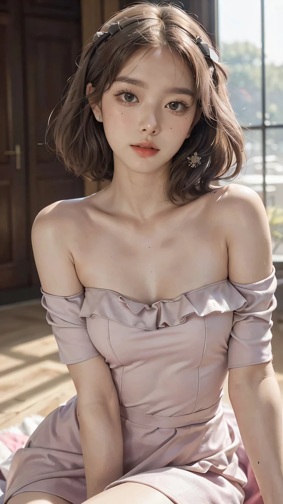 detailed background, masterpiece, best quality, 1 person , curly hair, long hair, purple eyes, star in eye , pink Strapless blouse, long skirt