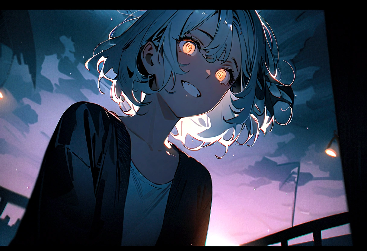 (8K, RAW Photos, Highest quality, masterpiece: 1.4), Ultra-high resolution, Very detailed, Light, Upper body close-up, One girl, White eyes, (Eyes of Terror, Shining eyes:1.2), dark,Portrait of the Exorcist, Desolate house, Scared,direful,dark, High Quality Shadows, Natural light, (White highLights:1.2), night, cloudy day, (at home:1.2), (floating:1.2),moody, special effects, light particles, chromatic aberration, shallow depth of field, film, filmic, casting shadow, dark, grin, dynamic pose