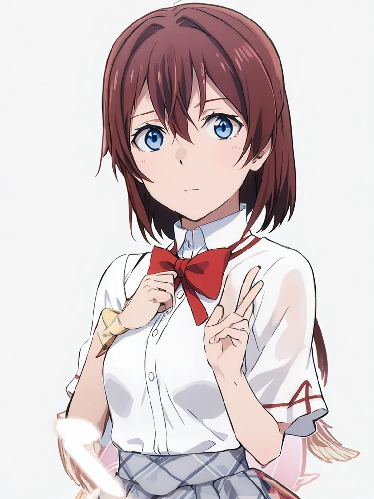 Brown red hair, blue eyes, white t-shirt,  gray skirt