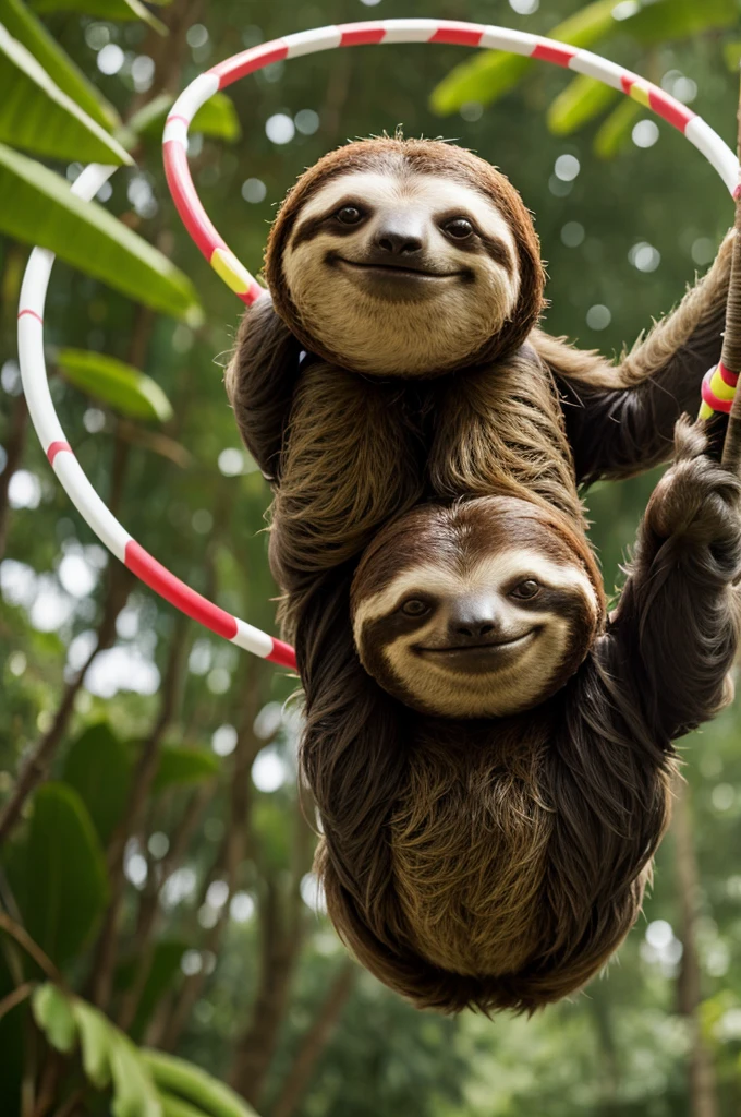 A sloth on a tightrope with hula hoop grins