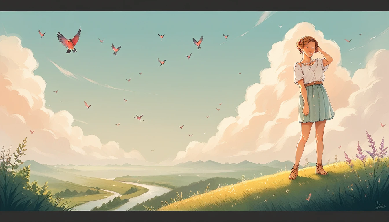 flat color, a girl, standing on the a hill, wind, day, amazing quality, very beautiful color, by iamuu, aesthetic, birds, beautiful scenery
