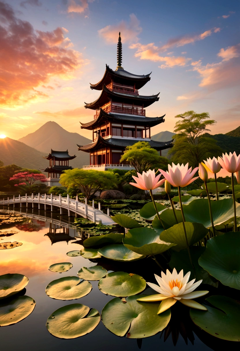 Mountain, landscape, Tree, flower, Sky, outdoor, No humans, architecture, cloud, east asian architecture, water, pagoda, lily pad, Sunset