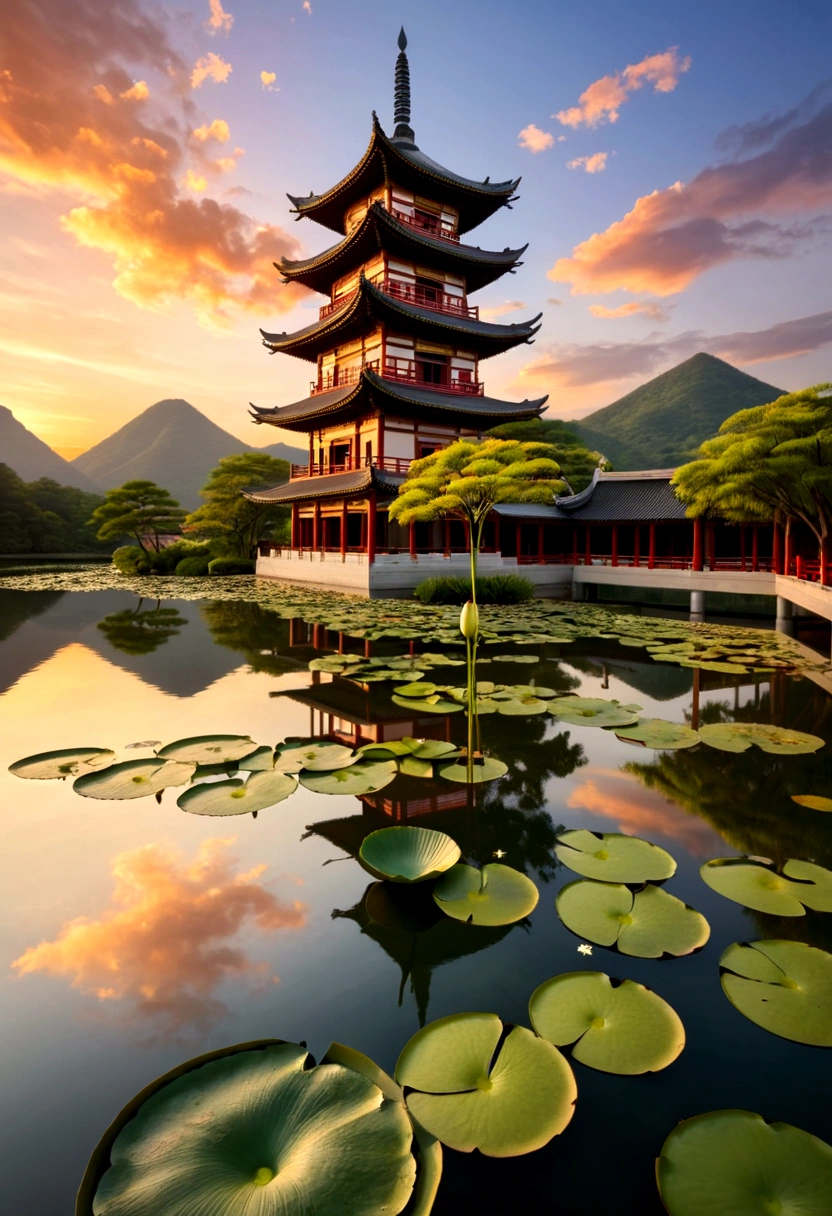Mountain, landscape, Tree, flower, Sky, outdoor, No humans, architecture, cloud, east asian architecture, water, pagoda, lily pad, Sunset
