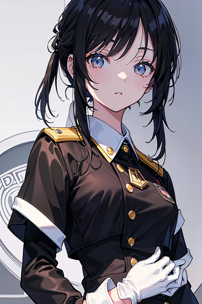 top quality, masterpiece, A high resolution, 8 k, Sweatshirt and girl in anime style, one girl, detailed line drawing, Bright white and bright amber style, Digital Enhancement, close-up, business black suit, face, Germany uniform in the 1930s, Form SS, leather gloves on hands