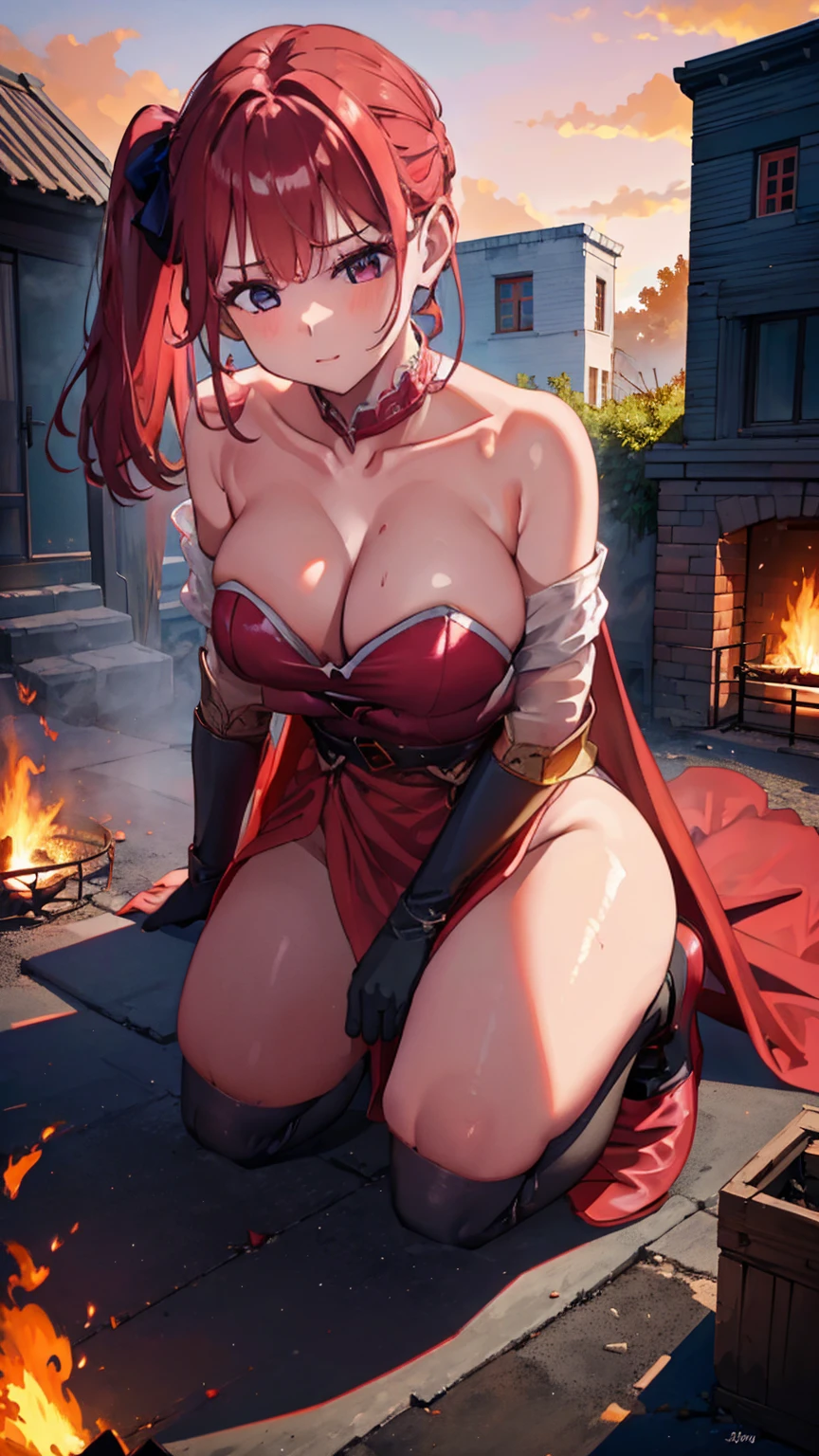 Under a blood-red sky, from the perspective of a medieval village square, the crimson-skinned Giantess Goddess descends in a gown of fiery silk that billows around her like flames. Her fiery eyes glint with malevolent intent as she towers over the villagers, picking them up one by one and pressing them against her warm, smooth skin. Their suffering fuels her erotic power, and the village crumbles beneath her feet, a testament to her unyielding dominance.