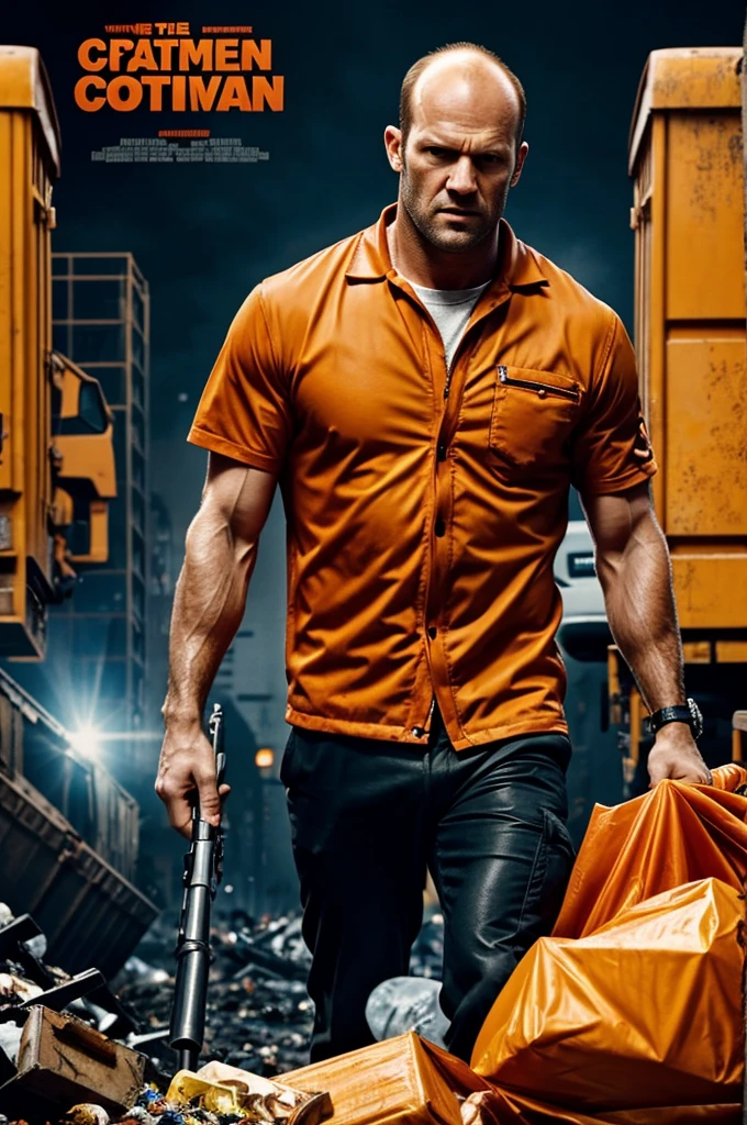 Movie poster Movie title: The Waste Disposal Man With Jason Statham in orange garbage man uniform, who gets involved in a thrilling action spectacle.