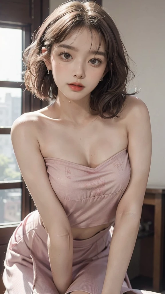 ((Best quality, 8K, tmasterpiece:1.3)), focal point:1.2,Bust photo,upper legs,Ultra-realistic skin texture,Beautiful woman with perfect body:1.4, Upturned buttocks:1.2, ((Cut hair into layers, normal:1.2)), indoor ), Bandeau Dress:1.1, Highly Detailed Face and Skin Textur, Detailed eyes, double eyelid,Whitening Skin,Long gray hair,(with a round face:1.5),Superskirt,nipple bump,Drenched, pink color dress, posing sexualizey