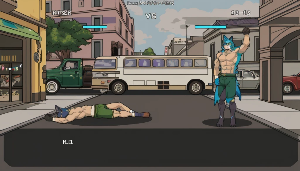 highres, absurdres(highly detailed beautiful face and eyes)perfect anatomy(kemono, furry anthro)(super handsome 2boys, pair, muscles ,abs)good lighting, cinematic shadow, detailed background, User Interface of Fighting game, dots game, pixel art, dungeon, Crisis, assorted poses, assorted expression, full body, sound effects, motion blur, from side, ((blue wolf, reddish-brown fur, gray shorts, knocked out on the floor)), (((purple wolf, green shorts, arms raised in victory))) “VS”
