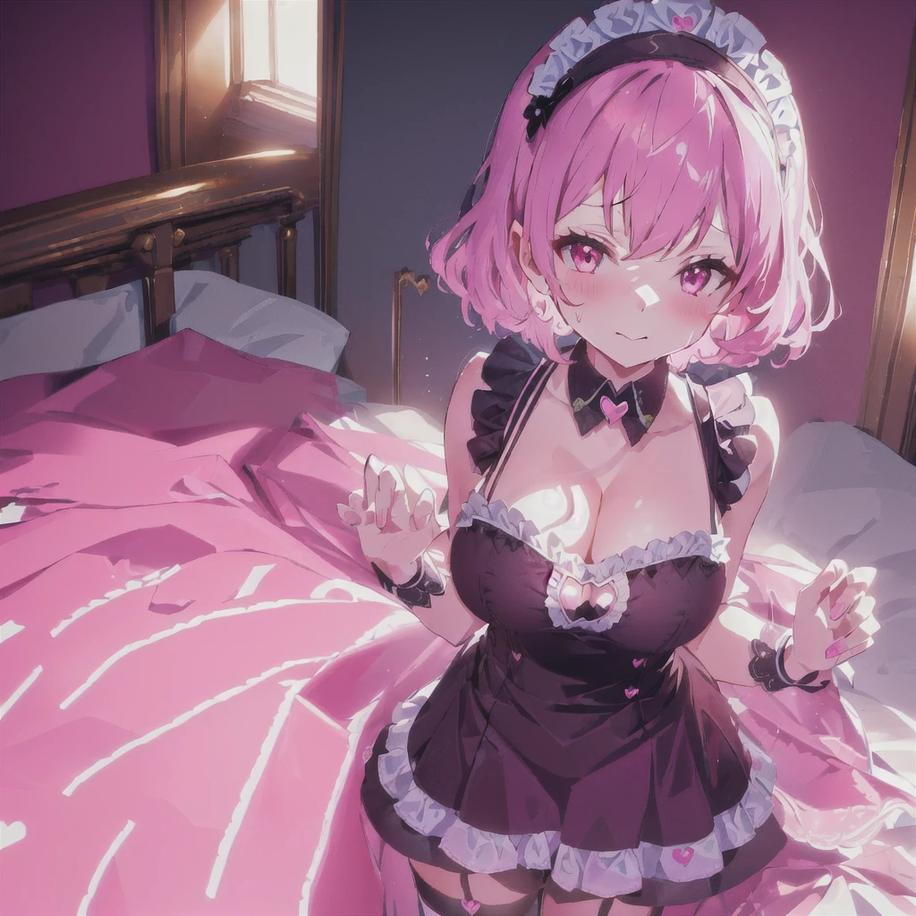 ((masterpiece)), ((best quality:1.2)), ((highly detailed)), (original), ((delicate background)), ((extremely detailed 8K wallpaper)), sweet, depth of field, fantasy, 
BREAK 
((1girl)), solo, cute girl, anime waifu girl, 20 years old, shiny skin, 
BREAK 
maid, ((classic maid dress)), ((wearing edgcatlingerie)), cat cutout, cleavage cutout, lots of frills, ((huge breasts)), 
BREAK 
curly hair, faint pink hair, short hair, 
BREAK 
((heart-shaped eyes)), pink eyes, tongue out, blush, sweating, 
BREAK 
full body shot, ((on the bed)), looking at the viewer, 