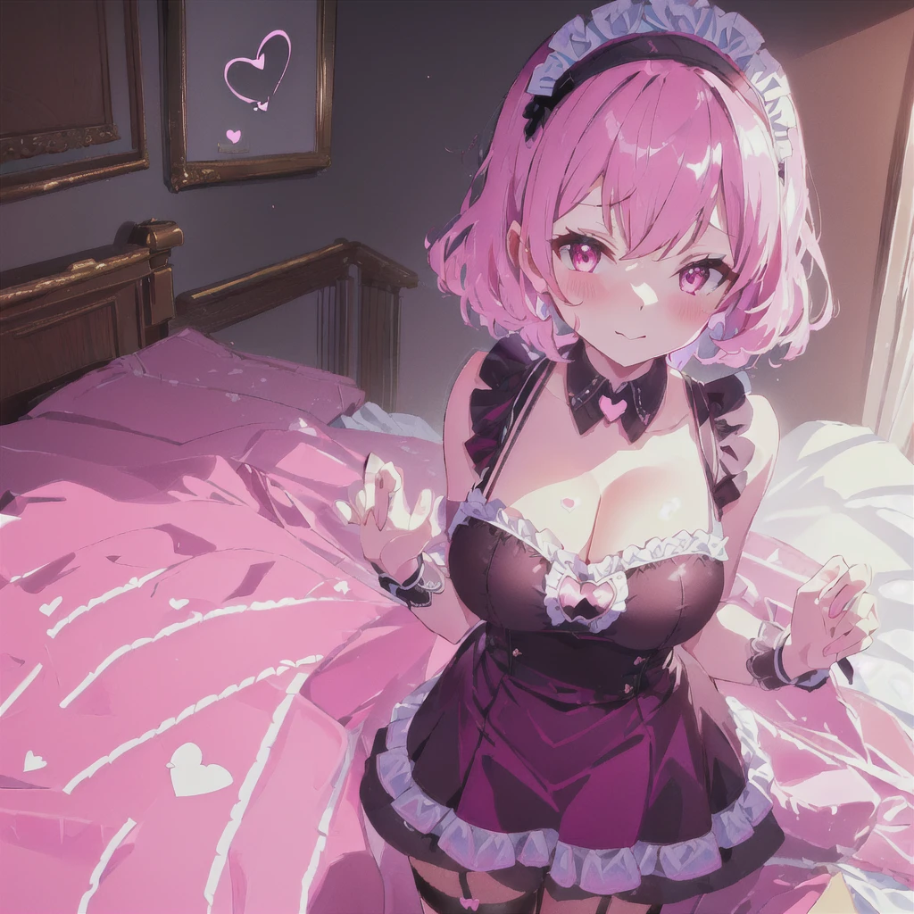 ((masterpiece)), ((best quality:1.2)), ((highly detailed)), (original), ((delicate background)), ((extremely detailed 8K wallpaper)), sweet, depth of field, fantasy, 
BREAK 
((1girl)), solo, cute girl, anime waifu girl, 20 years old, shiny skin, 
BREAK 
maid, ((classic maid dress)), ((wearing edgcatlingerie)), cat cutout, cleavage cutout, lots of frills, ((huge breasts)), 
BREAK 
curly hair, faint pink hair, short hair, 
BREAK 
((heart-shaped eyes)), pink eyes, tongue out, blush, sweating, 
BREAK 
full body shot, ((on the bed)), looking at the viewer, 