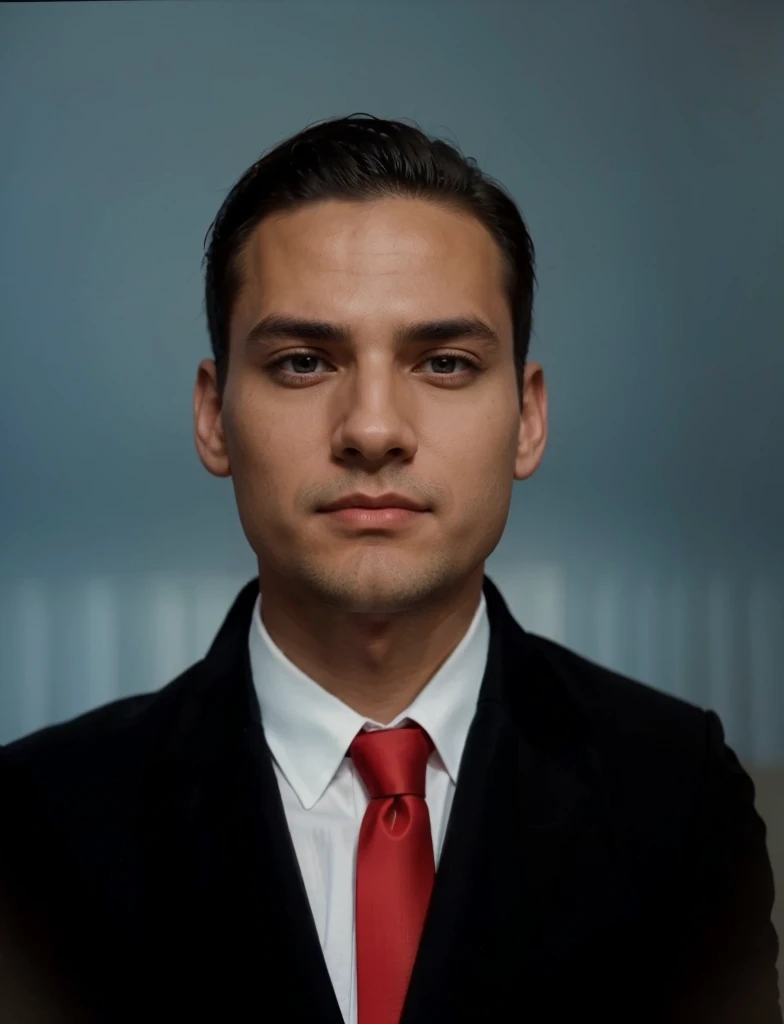 A man wearing a black suit with a white shirt and red tie