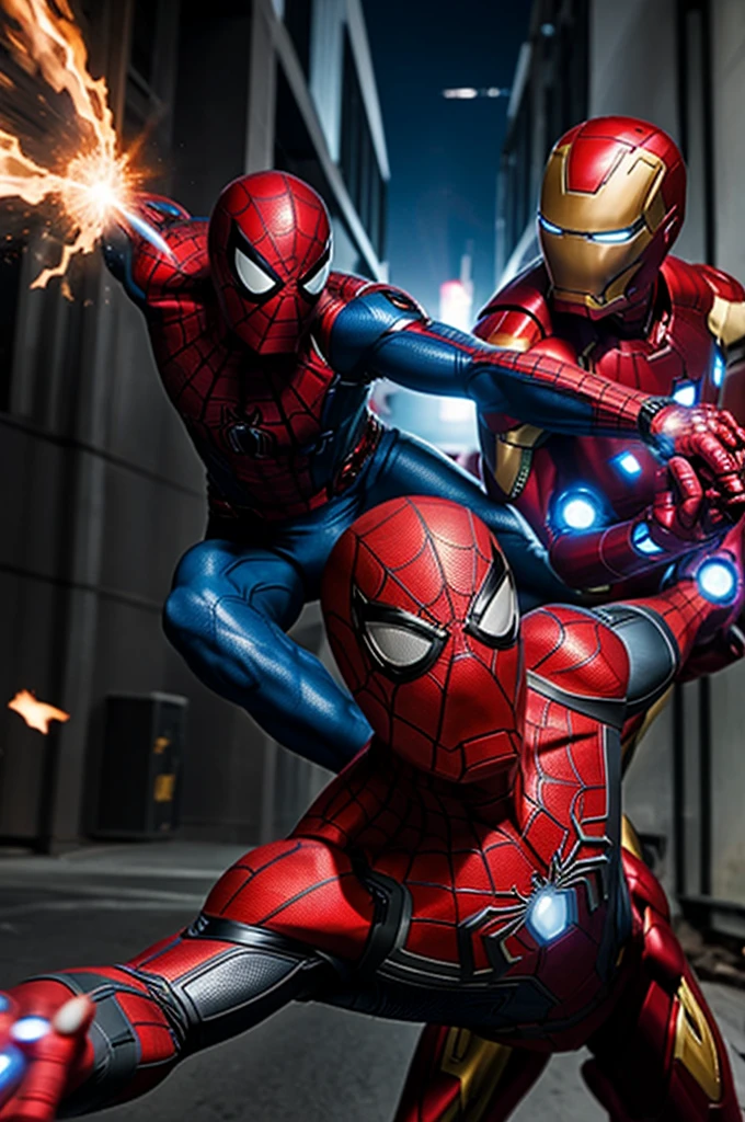 Take a photo that shows Spiderman fighting with Iron Man