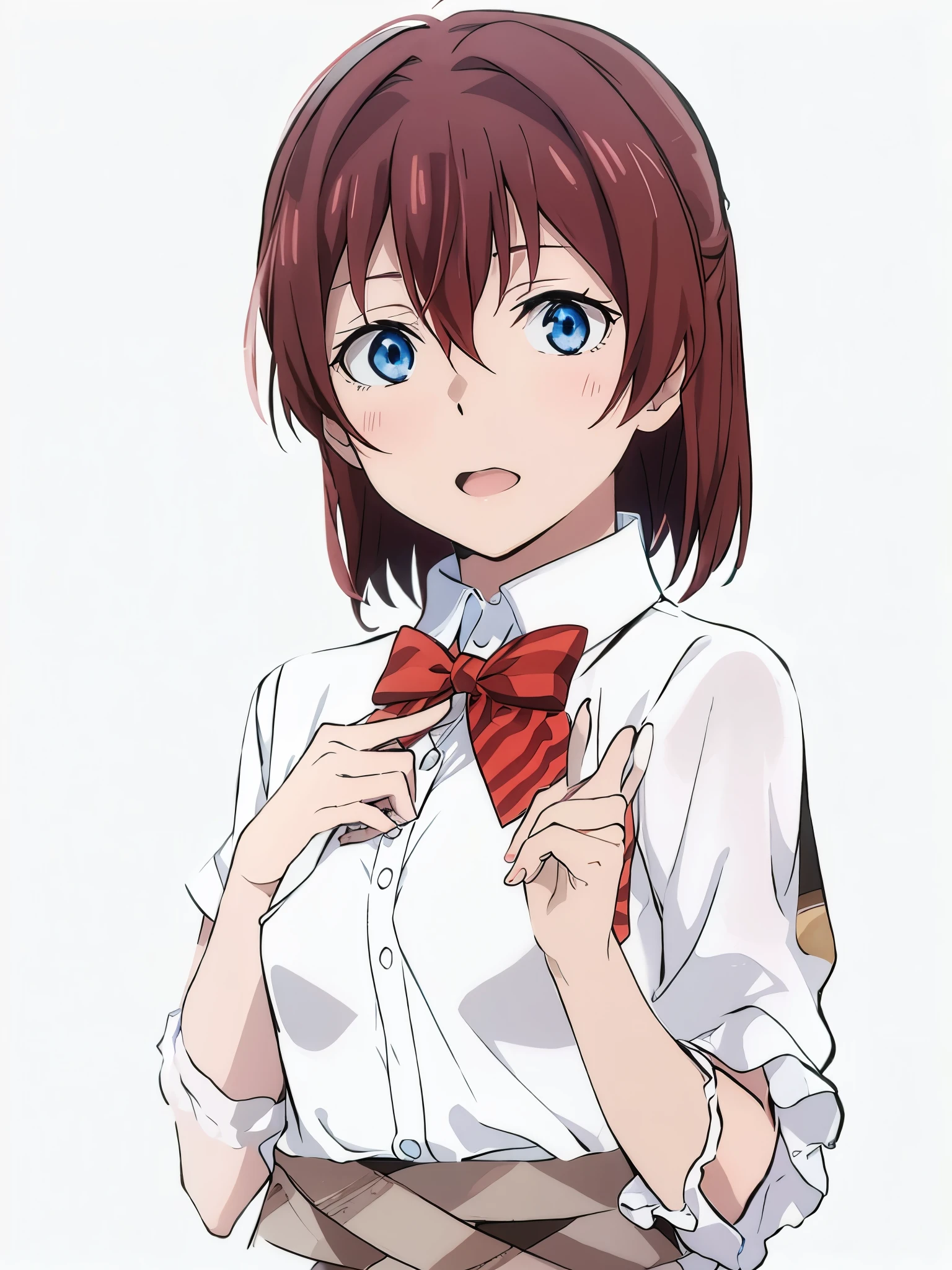 Brown red hair, blue eyes, white t-shirt,  gray skirt